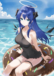 Rule 34 | 1girl, absurdres, alternate costume, arknights, black horns, black one-piece swimsuit, black wings, blue eyes, blue hair, blue sky, breasts, cloud, collarbone, commentary, day, detached wings, dr.lamina, halo, highres, horns, innertube, large breasts, long hair, looking at viewer, mostima (arknights), ocean, one-piece swimsuit, outdoors, single strap, sky, smile, solo, swim ring, swimsuit, wings