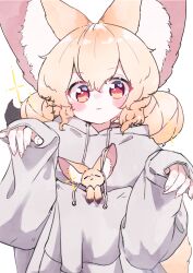 1girl :3 animal animal_ear_fluff animal_ears blonde_hair blush_stickers closed_mouth commentary_request creature_and_personification double_bun drawstring fennec_fox fox_ears fox_girl fox_tail grey_hoodie hair_between_eyes hair_bun hands_up highres hood hood_down hoodie long_sleeves looking_at_viewer megateru original personification puffy_long_sleeves puffy_sleeves red_eyes simple_background sleeves_past_wrists smile solo tail upper_body white_background