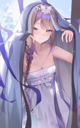 1girl airi_kanna blue_streaks blunt_bangs braid braided_bangs breasts brown_hair cleavage clothing_request dodari dress hair_ornament highres korean_clothes light_blush long_hair looking_at_viewer low-braided_long_hair low-tied_long_hair multicolored_hair official_alternate_costume parted_bangs purple_eyes purple_ribbon ribbon shoulder_tattoo smile solo stellive streaked_hair tattoo virtual_youtuber white_dress