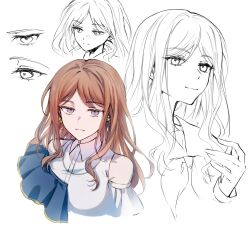 1girl bang_dream! bang_dream!_it&#039;s_mygo!!!!! blue_eyes brown_hair chinese_commentary closed_mouth collared_dress commentary_request dress earrings hand_up highres jewelry long_hair looking_at_viewer multiple_views muonrei00 nagasaki_soyo necklace parted_lips school_uniform smile tsukinomori_school_uniform white_dress