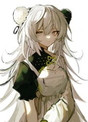 1girl anpoai arknights asymmetrical_sleeves black_sleeves bun_cover chinese_commentary closed_mouth commentary_request double_bun dress expressionless hair_between_eyes hair_bun highres long_hair long_sleeves looking_at_viewer mismatched_sleeves mulberry_(arknights) mulberry_(plant_crude_drug)_(arknights) official_alternate_costume short_sleeves solo uneven_sleeves white_dress white_eyes white_hair