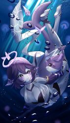 1girl :3 barefoot breasts bubble cleavage closed_mouth collarbone colored_skin f_yutaro79 facial_mark fins fish_tail grey_skin halo highres indie_virtual_youtuber jellyfish jewelry megalodon_(vtuber) necklace purple_eyes purple_hair shark_girl shark_tail shorkie_(megalodon_(vtuber)) soles tail underwater virtual_youtuber whisker_markings