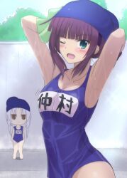 2girls ;d angel_beats! armpits arms_at_sides arms_up blue_one-piece_swimsuit blunt_bangs blush bow breasts character_name chibi chibi_inset cleavage collarbone commentary_request cowboy_shot curvy day expressionless green_bow green_eyes hair_bow happy jitome lelie_(lelie_link) looking_at_another looking_at_viewer medium_breasts medium_hair motion_lines multiple_girls nakamura_yuri one-piece_swimsuit one_eye_closed open_mouth outdoors paid_reward_available purple_hair school_swimsuit sidelocks smile solo_focus sparkle standing straight_hair swim_cap swimsuit tenshi_(angel_beats!) v-shaped_eyebrows wet