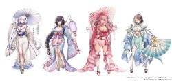 4girls ahoge aqua_dress azuma_(azur_lane) azur_lane baltimore_(azur_lane) black_hair blue_dress breasts bremerton_(azur_lane) cleavage closed_mouth dress full_body gloves hand_fan highres holding holding_fan holding_umbrella illustrious_(azur_lane) komeshiro_kasu large_breasts long_hair long_sleeves looking_at_viewer multiple_girls official_art one_eye_closed open_mouth pink_dress pink_hair sandals short_hair simple_background smile socks tabi thighhighs tongue tongue_out umbrella white_background white_dress white_gloves white_hair white_socks white_thighhighs wide_sleeves