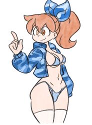 Rule 34 | 1girl, 2025, @ @, alternate breast size, bikini, blue bikini, blue jacket, bow, breasts, brown eyes, brown hair, cleavage, curvy, dahs, hair between eyes, hair bow, high ponytail, highleg, highleg bikini, index finger raised, jacket, large breasts, long hair, looking ahead, open clothes, open jacket, original, ponytail, signature, simple background, smile, standing, swimsuit, thong, thong bikini, white background, wide hips