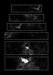 1boy benkdjjituibot black_background black_coat black_hair boots coat combat_boots faceless greyscale highres inset_border male_focus monochrome omniscient_reader&#039;s_viewpoint open_mouth popped_collar running short_hair solo yoo_joonghyuk