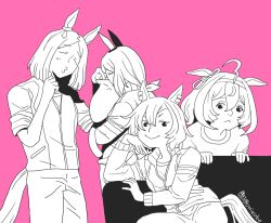 4girls admire_vega_(umamusume) ahoge animal animal_ears bow cat closed_eyes closed_mouth commentary_request ear_covers ear_ribbon earclip earrings greyscale_with_colored_background hand_on_own_chin holding holding_animal holding_cat horse_ears horse_girl horse_tail jacket jewelry long_hair long_sleeves looking_at_viewer meisho_doto_(umamusume) multiple_girls narita_top_road_(umamusume) o3o onikobe_rin pants parted_hair petting pink_background shirt short_hair simple_background single_ear_cover smile t-shirt t.m._opera_o_(umamusume) tail umamusume upper_body