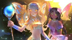 Rule 34 | 2girls, armlet, bead necklace, beads, blonde hair, blunt bangs, bracelet, bracer, braid, breasts, bright pupils, brown hair, choker, cleavage, clenched hand, closed mouth, commentary, cowboy shot, crop top, dark-skinned female, dark skin, day, derivative work, dress, english commentary, eyeshadow, fairy, fairy wings, flora (winx club), flower, flower dress, glitter, green choker, green eyes, hair beads, hair flower, hair ornament, hand on own chest, happy, highres, holding, holding staff, jewelry, lamppost, light blush, lipstick, long hair, looking at viewer, magical girl, makeup, midriff, multiple girls, nail polish, navel, necklace, off-shoulder dress, off shoulder, open mouth, orange choker, orange eyeshadow, orange lips, orange shirt, orange skirt, outdoors, path, pink dress, pink flower, pink lips, pink nails, pink wings, road, screenshot redraw, shirt, short dress, shoulder pads, sidelocks, single braid, skirt, skirt set, sky, smile, sparkle, staff, stella (winx club), sunlight, teeth, thick eyebrows, transparent wings, tree, upper teeth only, very long hair, wavy hair, white pupils, white sky, wikate, wings, winx club, winx club (reboot), yellow eyes, yellow nails
