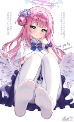 1girl absurdres blue_archive blue_bow blue_bowtie blunt_bangs blush bow bowtie closed_mouth commentary_request commission dress feathered_wings feet foot_focus fuzake_neko hair_bun halo highres invisible_chair long_hair looking_at_viewer low_wings mika_(blue_archive) no_shoes pantyhose pink_hair pink_halo signature sitting smile solo toes translation_request twitter_username very_long_hair white_background white_dress white_pantyhose white_wings wings yellow_eyes
