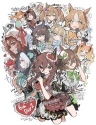 6+girls absurdres almond_eye_(umamusume) alternate_costume belno_light_(umamusume) black_hair closed_mouth commentary_request copano_rickey_(umamusume) daring_tact_(umamusume) hair_between_eyes hair_ornament heart heart_hands highres horse_girl kumo_(mokumoku_warabi) looking_at_viewer loves_only_you_(umamusume) mayano_top_gun_(umamusume) mr._c.b._(umamusume) multiple_girls red_hair ribbon seeking_the_pearl_(umamusume) smart_falcon_(umamusume) smile still_in_love_(umamusume) umamusume white_background yellow_eyes