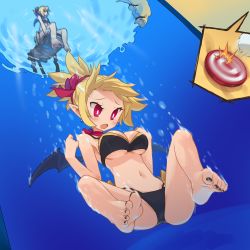 1girl barefoot bikini black_nails blonde_hair blush breasts bright_pupils bubble choker comic demon_girl demon_wings disgaea dunk_tank earrings feet female_focus highres jewelry large_breasts makai_senki_disgaea_2 mini_wings nail_polish navel open_mouth orz_(orz57) pointy_ears red_eyes revision ribbon_choker rozalin scrunchie silent_comic sinking solo swimsuit toe_scrunch toenail_polish toenails toes underboob underwater wings