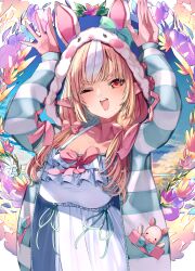 1girl :d absurdres animal_ears animal_hood arms_up blue_sky bow breasts commentary cross-laced_clothes cross-laced_sleeves dress dress_bow elf fake_animal_ears frilled_dress frills hair_bow highres hololive hood hood_up hooded_jacket jacket large_breasts long_hair looking_at_viewer low_twintails multicolored_hair official_alternate_costume one_eye_closed open_clothes open_jacket open_mouth orange_eyes orange_hair pink_bow pointy_ears rabbit_ears rabbit_hood rabbit_pose shiranui_flare shiranui_flare_(loungewear) sidelocks sky smile solo streaked_hair striped_clothes striped_jacket teeth twintails upper_body upper_teeth_only virtual_youtuber white_dress white_hair yuutarou_(fukiiincho)