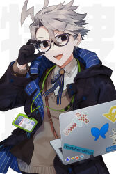 Rule 34 | 1boy, absurdres, adjusting eyewear, black eyes, black gloves, black jacket, blue ribbon, brown sweater, computer, fate/grand order, fate (series), gloves, grey hair, hair between eyes, hair ornament, hairclip, highres, holding, holding laptop, jacket, james moriarty (ruler) (fate), lanyard, laptop, looking at viewer, male focus, open clothes, open jacket, purple-framed eyewear, ribbon, shirt, short hair, smile, solo, sweater, teeth, tia (cocorosso), two-sided fabric, two-sided jacket, upper body, upper teeth only, white shirt