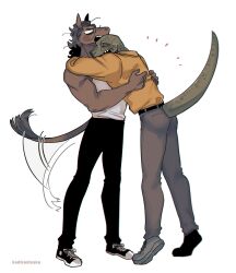 2boys artist_name beastars belt black_pants blank_eyes blush closed_eyes furry furry_male gosha happy highres hood hoodie horse_boy hug ka_ji male_focus mullet multiple_boys open_mouth pants reptile_boy sharp_teeth shoes simple_background sneakers tail tail_wagging tank_top teeth tiptoes white_background white_tank_top yahya_(beastars)