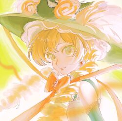 1girl bare_shoulders blonde_hair bow chin_strap dress drill_hair earrings flower from_side gloves green_background green_dress green_eyes green_gloves green_hat grin hat hat_feather hat_flower jewelry long_hair looking_at_viewer luanbu orange_bow pastel_colors picture_hat portrait red_flower reverse:1999 sleeveless sleeveless_dress smile solo sotheby twin_drills