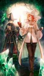 1boy 1girl ahoge bag black_cape black_hair black_hat black_pants black_pantyhose black_tunic blue_eyes boots breasts brown_boots brown_gloves brown_thighhighs cape commentary creature crystal fate/grand_order fate_(series) foot_out_of_frame fou_(fate) fujimaru_ritsuka_(female) fujimaru_ritsuka_(female)_(wizard_&amp;_priest) fujimaru_ritsuka_(male) fujimaru_ritsuka_(male)_(wizard_&amp;_priest) full_body gloves green_background halloween_comeback! hat holding holding_bag holding_paper holding_staff medium_hair official_art open_mouth orange_eyes orange_hair pants pantyhose paper short_hair skeleton small_breasts staff standing taa_(acid) thighhighs third-party_source tunic white_cape white_hat white_tunic witch_hat
