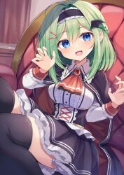 1girl ahoge ascot black_cape black_corset black_hairband black_skirt black_thighhighs blue_eyes braid breasts brooch cape center_frills chair claw_pose collared_shirt corset double-parted_bangs fang frilled_hairband frilled_skirt frills green_hair hair_between_eyes hair_ornament hairband hairclip head_tilt highres indoors jewelry long_sleeves looking_at_viewer medium_breasts medium_hair open_mouth original red_ascot shirai_tanuki shirt sitting skirt smile solo takeda_emi thighhighs thighs throne vampire_costume white_shirt wing_hair_ornament