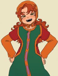 1girl belt blush brown_hair cowboy_shot curly_hair dragon_quest dragon_quest_vii green_eyes green_tabard hands_on_own_hips headscarf highres layered_sleeves long_hair long_sleeves looking_at_viewer maribel_(dq7) narrowed_eyes nogo_(nogo_059) open_mouth orange_sleeves red_shirt shirt short_over_long_sleeves short_sleeves simple_background smile solo standing tabard