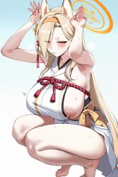 1girl absurdres animal_ears areola_slip arms_up ateoyh barefoot blonde_hair blue_archive blush breasts hair_over_one_eye hairband halo highres huge_breasts japanese_clothes kaho_(blue_archive) lactation long_hair looking_at_viewer mole mole_under_mouth nipple_slip nipples orange_eyes orange_hairband orange_halo simple_background solo squatting thighs variant_set