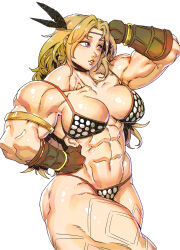 1girl abs amazon_(dragon&#039;s_crown) arm_up armlet armor biceps bikini bikini_armor blonde_hair body_markings bracelet breasts circlet cleavage collarbone dragon&#039;s_crown feather_hair_ornament feathers female_focus flexing gauntlets gloves hair_ornament hand_on_own_head hand_on_own_hip highleg highleg_bikini highres jewelry large_breasts leg_tattoo linea_alba long_hair looking_to_the_side minew muscular muscular_arms muscular_female muscular_legs navel obliques pink_eyes purple_eyes shiny_skin simple_background smile solo standing string_bikini swimsuit tattoo thick_thighs thighs white_background