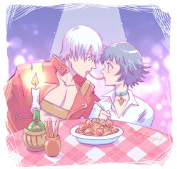 1boy 1girl allie_(united_f) artist_name black_hair candle coat collar dante_(devil_may_cry) devil_may_cry devil_may_cry_(series) devil_may_cry_3 food food_in_mouth lady_(devil_may_cry) lady_and_the_tramp meatball parody pasta plate red_coat shirt spaghetti spaghetti_and_meatballs table white_hair white_shirt