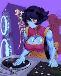 2girls absurdres b.b._hood blue_skin breasts cleavage_cutout clothing_cutout colored_skin darkstalkers dj english_text headphones highres hsien-ko juggryph large_breasts microphone multiple_girls phonograph speaker turntable vinyl_record