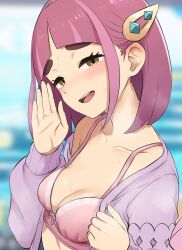 1girl :d absurdres blush bow bow_bra bra breasts brown_eyes cardigan close-up collarbone female_focus hair_ornament highres i_b_(yaun2242) lacey_(pokemon) long_sleeves looking_at_viewer nintendo open_cardigan open_clothes open_mouth pink_bra pink_hair pokemon pokemon_sv purple_cardigan short_hair small_breasts smile solo teeth underwear upper_body upper_teeth_only