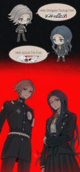 1boy 1girl 7nite absurdres aotsuki_eito armband belt black_background black_pants black_skirt blue_eyes blue_hair bow bowtie chibi chinese_commentary collared_shirt copyright_logo creator_connection danganronpa_(series) danganronpa_v3:_killing_harmony english_text eyeliner gakuran glasses gradient_background grey_hair grin hand_on_own_arm hello_yoshi_from_super_mario_(meme) highres hole_in_chest hole_on_body jacket last_defense_academy_school_uniform long_hair long_sleeves looking_at_viewer makeup meme one_eye_closed orange_bow orange_bowtie pants pleated_skirt red_background red_eyeliner school_uniform shirogane_tsumugi shirt short_hair signature skirt smile speech_bubble spoilers the_hundred_line_-last_defense_academy- trait_connection white_armband white_belt white_shirt
