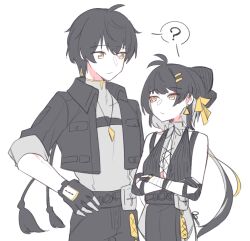 1boy 1girl ? antenna_hair bare_shoulders black_bow black_dress black_gloves black_hair black_jacket black_pants bow breasts collared_jacket commentary_request cowboy_shot cross-laced_clothes cross-laced_dress crossed_arms dress dual_persona earrings elbow_pads female_rover_(wuthering_waves) gloves hair_bow hair_ribbon hand_on_own_hip jacket jewelry large_breasts long_hair male_rover_(wuthering_waves) pants ribbon rover_(wuthering_waves) sleeveless sleeveless_dress spoken_question_mark starblame triangle_earrings wuthering_waves yellow_eyes yellow_ribbon