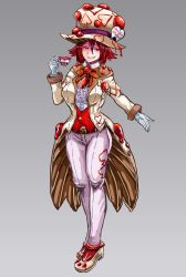 1girl breasts brooch collared_shirt cup full_body gloves hat highres insect_wings jacket jewelry large_breasts looking_at_viewer mad_hatter_(monster_girl_encyclopedia) mary_janes monster_girl monster_girl_encyclopedia monster_girl_encyclopedia_ii pants red_eyes red_hair red_vest shirt shoes simple_background slime smug socks solo suit_jacket teacup thighs udetamago vest white_gloves white_pants wings