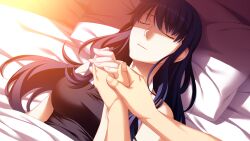 1boy 1girl bare_shoulders bed black_shirt blue_hair breasts closed_eyes collarbone dutch_angle dying game_cg grisaia_(series) grisaia_no_meikyuu hair_down head_on_pillow kazami_yuuji kusakabe_asako large_breasts long_hair lying non-web_source on_back on_bed parted_lips pillow shirt sleeveless sleeveless_shirt smile spoilers under_covers upper_body watanabe_akio