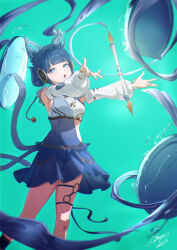 1girl absurdres animal_ears artist_name asymmetrical_dress bell blue_background blue_dress blue_eyes blue_hair blue_theme breasts cat_ears cat_girl cat_tail commentary covered_navel dated detached_sleeves dress duel_monster feet_out_of_frame floating floating_object highres jingle_bell lanoyee mirror multiple_tails nekomata ni-ni_the_mirror_mikanko outstretched_arms see-through_clothes see-through_dress sideboob signature solo tail two_tails yu-gi-oh!