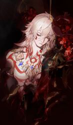 1boy 40080028157 absurdres armlet armor bare_pectorals black_coat blonde_hair braid chest_tattoo chinese_commentary closed_eyes coat commentary_request dripping facial_tattoo gold_necklace gradient_hair hair_between_eyes highres honkai:_star_rail honkai_(series) jewelry liquid_gold male_focus medium_hair multicolored_hair mydei_(honkai:_star_rail) necklace open_clothes open_coat pauldrons pectorals red_hair red_tattoo shoulder_armor shoulder_tattoo side_braid single_pauldron solo tattoo toned toned_male