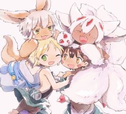 1boy 1other 2girls animal_ears backless_outfit brown_eyes brown_fur brown_hair extra_arms extra_tails fangs faputa fewer_digits green_eyes happy highres horizontal_pupils kurage2535 made_in_abyss mechanical_arms multiple_girls nanachi_(made_in_abyss) rabbit_ears rabbit_tail reg_(made_in_abyss) riko_(made_in_abyss) short_hair smile tail whiskers white_fur white_hair