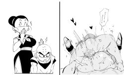 1boy 1girl ass before_and_after blush breasts bullying censored chi-chi_(dragon_ball) dragon_ball dragonball_z funsexydragonball happy_sex heart hetero highres instant_loss kuririn large_breasts mating_press medium_breasts moaning monochrome netorare penis pussy sex sweat