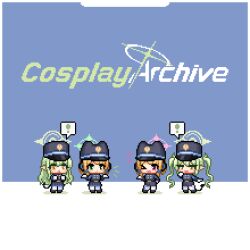 Rule 34 | !, &gt; o, 4girls, :/, :d, ;d, animal ear headwear, armband, belt, black belt, black shoes, black tail, blonde hair, blue archive, blue armband, blue background, blue bow, blue hat, blue jacket, blue shorts, blue skirt, bow, buttons, chibi, chibi only, closed mouth, colored shadow, commentary, cosplay, demon tail, double-breasted, english commentary, english text, fake animal ears, full body, gloves, green hair, green halo, hair bow, halo, hand on own hip, hand up, hands up, hat, headphones, hikari (blue archive), hikari (blue archive) (cosplay), jacket, long hair, long sidelocks, long sleeves, low-tied sidelocks, midori (blue archive), momoi (blue archive), multiple girls, notice lines, nozomi (blue archive), nozomi (blue archive) (cosplay), one eye closed, open mouth, pantyhose, peaked cap, pink eyes, pink halo, pixel art, pointy ears, redforge, shadow, shoes, short hair, shorts, siblings, sidelocks, simple background, sisters, skirt, smile, speech bubble, spoken exclamation mark, standing, tail, twins, twintails, two-tone background, very long hair, white background, white gloves, white pantyhose, yellow eyes