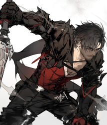1boy beard beard_stubble belt black_cape black_hair cape chinstrap_beard clive_rosfield drawstring facial_hair final_fantasy final_fantasy_xvi gyulseu highres holding holding_sword holding_weapon leather_vest male_focus mustache_stubble scar scar_on_face short_hair solo stubble sword tied_drawstring weapon