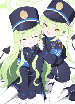 Rule 34 | 2girls, :d, = =, absurdres, armband, belt, black belt, black boots, black hat, black jacket, black shorts, black skirt, blue archive, blue armband, blush, boots, cheek pinching, cheek pull, commentary, demon girl, demon tail, eyes visible through hair, facing viewer, fang, feet out of frame, furrowed brow, gloves, green hair, green halo, hair between eyes, halo, hands on another&#039;s cheeks, hands on another&#039;s face, hat, highres, hikari (blue archive), jacket, kneeling, long hair, long sleeves, looking at viewer, miniskirt, multiple girls, natsukage ao, nozomi (blue archive), open mouth, pantyhose, peaked cap, pinching, pleated skirt, pointy ears, shorts, siblings, sidelocks, simple background, sisters, sitting, skin fang, skirt, smile, smug, tail, tail raised, thick eyebrows, tsurime, twins, twintails, v arms, very long hair, wavy hair, white background, white gloves, white pantyhose, yellow eyes