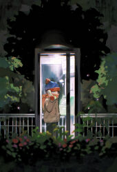 1boy beanie black_hair blue_eyes blue_hat blurry blurry_foreground brown_jacket bush chun_baii corded_phone fence hat highres jacket male_focus mittens night orange_scarf phone phone_booth pom_pom_(clothes) pom_pom_beanie red_mittens scarf solo south_park stan_marsh standing talking_on_phone wide_shot