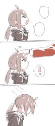 ! 1boy 1girl 3koma ahoge comic commander_(girls&#039;_frontline) commentary_request girls&#039;_frontline grey_hair griffin_&amp;_kryuger_military_uniform headpat highres jacket long_sleeves m200_(girls&#039;_frontline) open_mouth ponytail purple_eyes shinoe_nun simple_background solo_focus spoken_exclamation_mark white_background