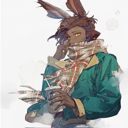 1boy alternate_costume animal_ears black_hair breath coat commentary covered_mouth crow0cc cup dark-skinned_male dark_skin disposable_cup erenville final_fantasy final_fantasy_xiv from_side green_coat highres holding holding_cup male_focus multicolored_scarf plaid_clothes plaid_scarf rabbit_ears scarf short_hair solo symbol-only_commentary upper_body viera yellow_background yellow_eyes