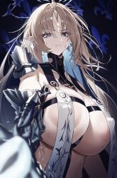 1girl aiming aiming_at_viewer areola_slip blonde_hair blue_hair breast_curtains breasts closed_mouth colored_inner_hair commentary covered_erect_nipples dotthebot fleurdelys_(wuthering_waves) gauntlets highres holding holding_sword holding_weapon horns huge_breasts long_hair multicolored_hair single_horn solo sweat sword tacet_mark_(wuthering_waves) upper_body very_long_hair weapon wuthering_waves yellow_horns