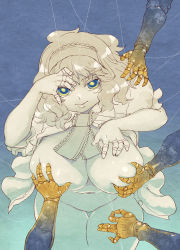 1girl alice_margatroid belly blue_background blue_eyes bottomless breasts capelet covered_erect_nipples cowboy_shot curvy expressionless female_focus grabbing_another&#039;s_breast groping hairband hand_up head_tilt highres huge_breasts jewelry large_breasts looking_at_viewer monochrome navel plump puppet_rings puppet_strings ring short_hair solo spot_color thighs touhou tsuutenkaaku