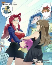 3girls ahoge alternate_color ariekochan artist_name bandana bare_legs black_dress black_skirt blue_eyes blue_jacket blush breasts brown_hair character_doll cleavage clefairy closed_eyes closed_mouth commentary commission dratini dress english_commentary english_text gen_1_pokemon gen_3_pokemon glasses gloves green_(pokemon) hairband highres holding holding_stuffed_toy jacket lapras large_breasts leaf_(pokemon) long_hair long_sleeves lorelei_(pokemon) low-cut may_(pokemon) miniskirt multiple_girls nintendo oddish open_clothes open_jacket open_mouth pencil_skirt pikachu pokemon pokemon_(anime) pokemon_(classic_anime) pokemon_frlg pokemon_rgby_(prototype) pokemon_rse ponytail red_bandana red_eyes red_hair red_skirt shiny_pokemon shirt short_hair sidelocks skirt smile snorlax speech_bubble spheal strapless stuffed_animal stuffed_toy substitute_(pokemon) thought_bubble tube_top white_gloves