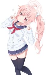 1girl absurdres ahoge black_thighhighs blue_archive blue_sailor_collar blue_skirt buttons cardigan double_v halo head_tilt highres long_sleeves looking_at_viewer miniskirt natsu_(blue_archive) neckerchief parted_lips pink_hair pink_halo pleated_skirt red_eyes red_neckerchief sailor_collar school_uniform simple_background skirt standing thighhighs tuyuri v white_background white_cardigan
