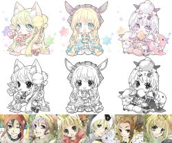 4boys 5girls amistr_(ragnarok_online) arch_bishop_(ragnarok_online) argyle_clothes argyle_dress armor beanie bell blonde_hair blue_dress blue_eyes bread bread_slice brown_hair brown_horns brown_thighhighs chibi chibi_only cleavage_cutout closed_mouth clothing_cutout commentary_request cross crown dress fishnet_thighhighs fishnets food food_in_mouth full_body fur_collar genetic_(ragnarok_online) green_eyes green_hair green_scarf hair_bell hair_ornament hat headdress horns hotate_(pixiv11131971) jingle_bell juliet_sleeves long_hair long_sleeves looking_at_viewer mouth_hold multiple_boys multiple_girls noah_hat_(ragnarok_online) one_eye_closed open_mouth pauldrons pink_sandals poring puffy_sleeves purple_eyes purple_hair ragnarok_online ranger_(ragnarok_online) red_hat red_scarf royal_guard_(ragnarok_online) sandals sash scarf seiza sheep short_hair shoulder_armor simple_background sitting slime_(creature) smile smoking_pipe sorcerer_(ragnarok_online) thighhighs toast toast_in_mouth two-tone_dress white_background white_dress white_hair white_thighhighs yellow_sash