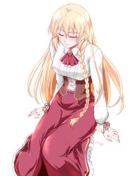 1girl arianrhod_(eiyuu_densetsu) artist_name blonde_hair blush braid breasts brooch closed_eyes dress eiyuu_densetsu hair_between_eyes jewelry large_breasts long_hair long_sleeves neckerchief sen_no_kiseki_(series) side_braid simple_background sitting smile solo white_background xiacheng_tatsuya