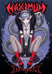 1girl absurdres animal_skeleton belt_buckle black_shoes blue_hair buckle claws commentary cross cross-laced_clothes cross-laced_gloves cross_necklace demon_girl demon_horns elbow_gloves fingerless_gloves fishnet_pantyhose fishnets full_body fur_trim gloves highres horns jewelry looking_at_viewer multiple_necklaces navel necklace omochi0142 open_mouth original pantyhose pointy_ears red_eyes red_socks shirt shoes sitting skeleton_snake slit_pupils socks white_shirt