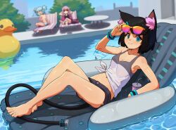 3girls animal_ear_fluff animal_ears aqua_eyes bare_legs barefoot bikini black_hair black_shorts black_tank_top blue_hair breasts cable cable_tail cat_ears cat_girl chair closed_mouth covering_breasts covering_privates cup day disposable_cup electric_plug eyewear_lift feet haqu_(suweeka) highres inflatable_chair inflatable_duck looking_at_viewer lounge_chair mechanical_tail medium_breasts micro_shorts multiple_girls original outdoors pink_hair pool reclining shirt short_hair shorts smile solo_focus striped_bikini striped_clothes sunglasses suweeka swimsuit table tail tank_top tied_shirt toes topless_female unworn_bikini_top water wristband