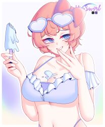 Rule 34 | 1girl, absurdres, artist name, bikini, blue bikini, blue eyes, bra, breasts, brown hair, doki doki literature club, food, glasses, grin, heart, heart-shaped eyewear, highres, holding, holding food, holding ice cream, ice cream, looking to the side, medium breasts, sayori (doki doki literature club), short hair, simple background, smile, swimsuit, teeth, underwear, vioswirl